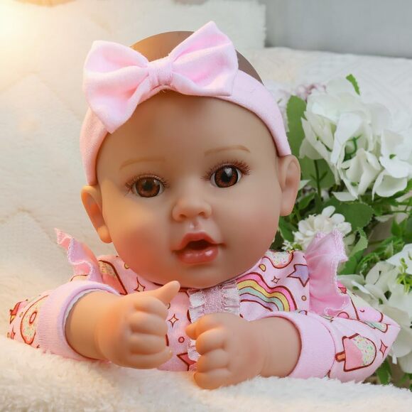 Realistic Reborn Baby Doll Girl 18 Inch Soft Body Brown Eyes Pink Outfit Gift - Picture 7 of 9
